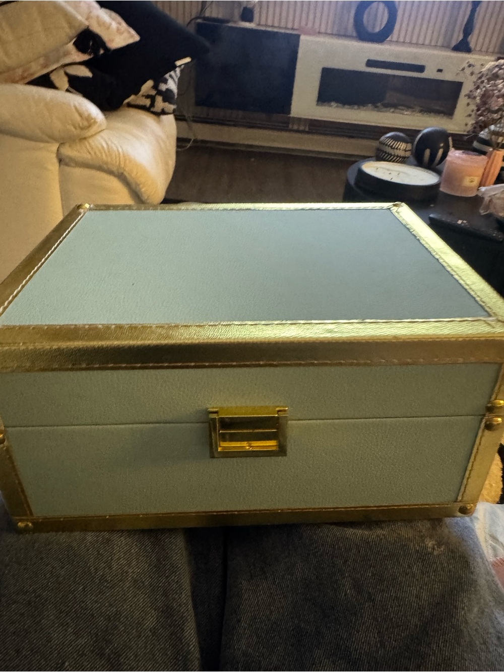 Gold-Trim Seafoam Green Jewelry Storage Box - Elegant Home Organizer